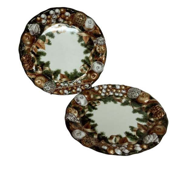 Vintage Green Gold Christmas Serving Trays Platters Decor Set of 2 Plastic 11" - Picture 11 of 11